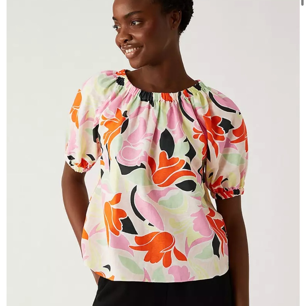 Marks & Spencer Multicolor Linen Floral Puff Sleeve Blouse